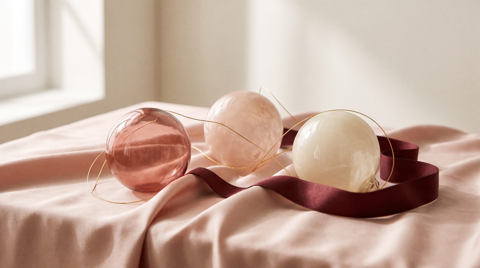 Conceptual still life of three glass orbs connected by gold threads representing a choice of AI providers