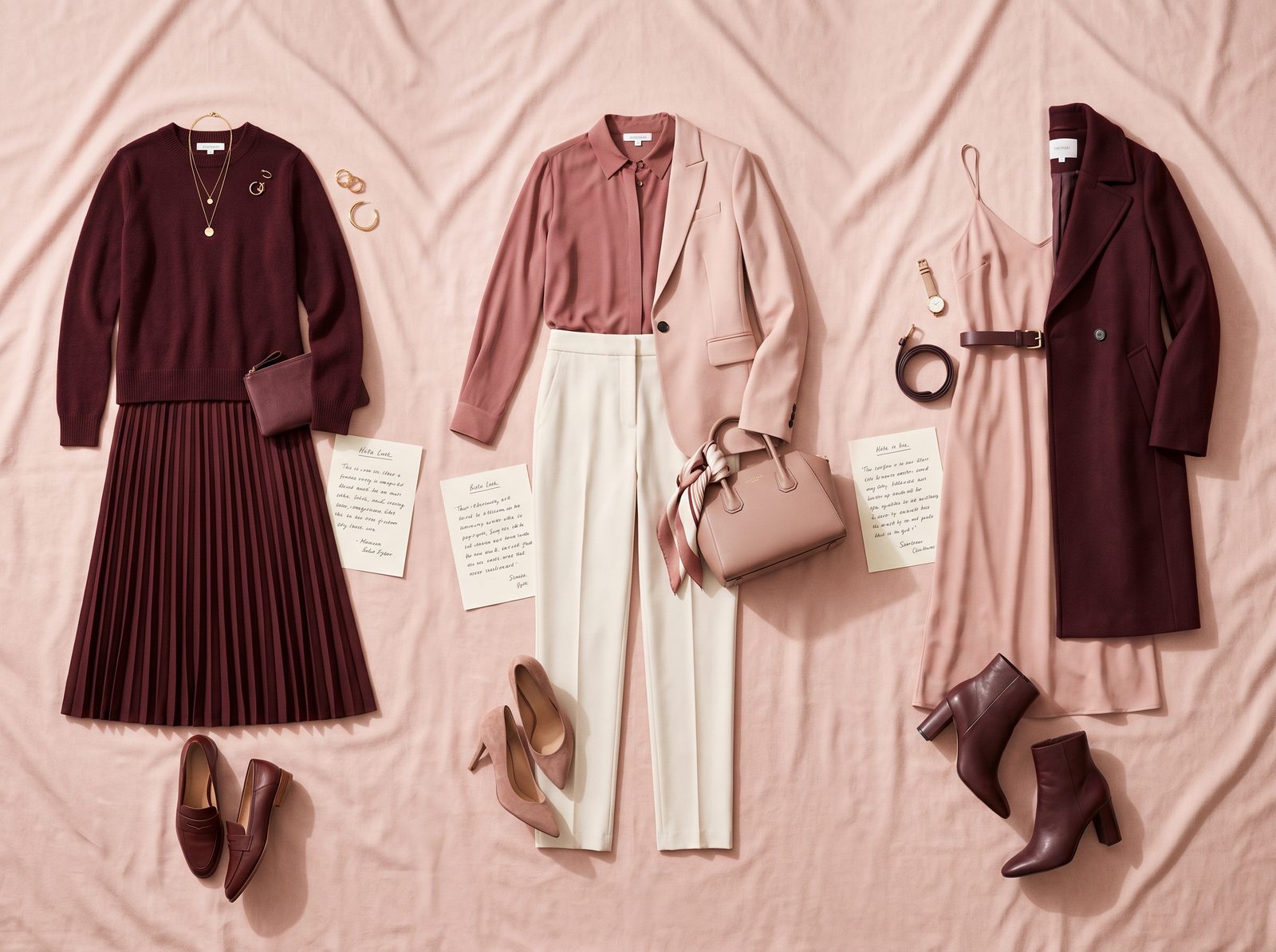 Three coordinated outfit combinations laid out as complete looks on a blush backdrop