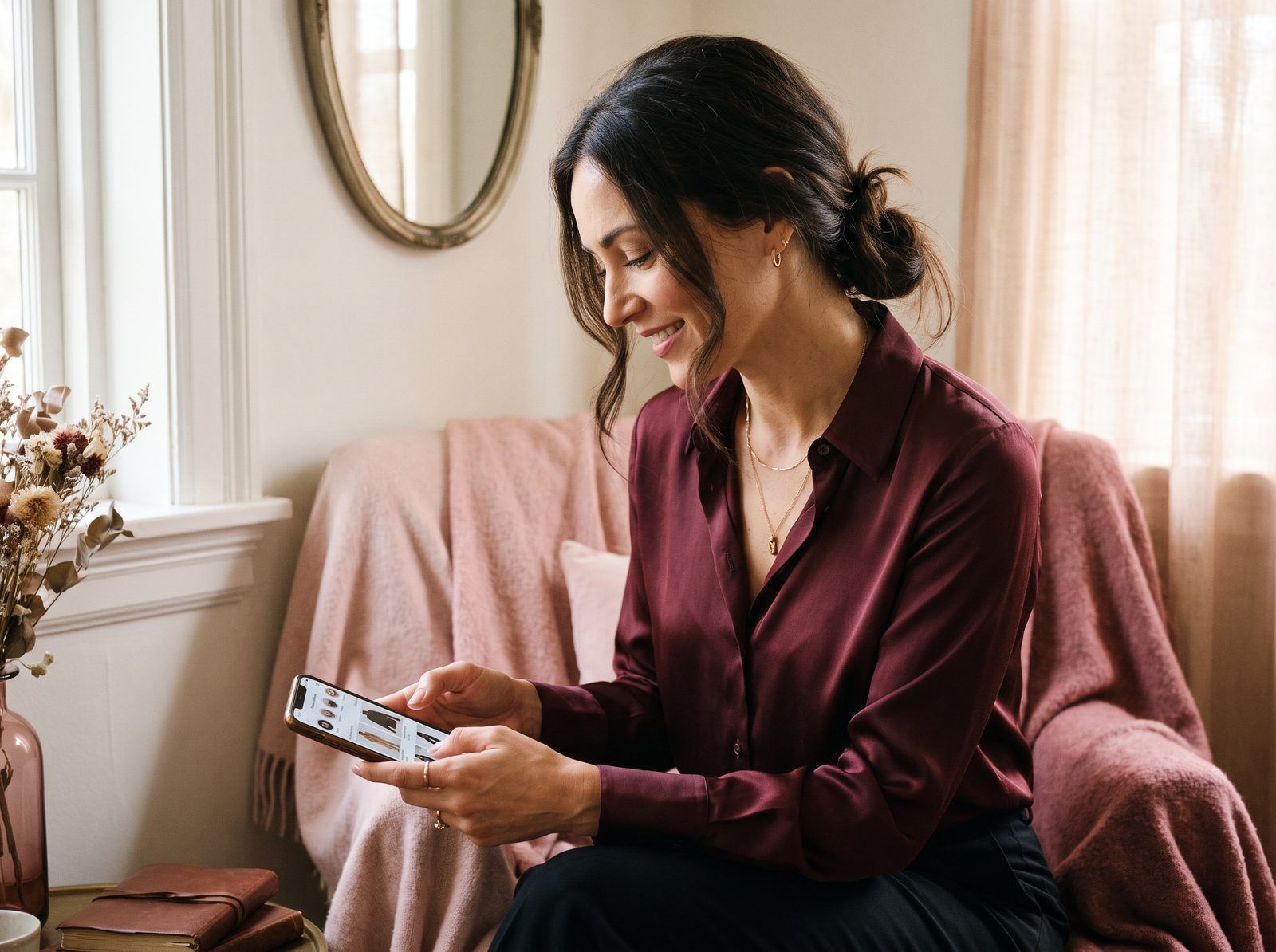 A woman smiling while choosing an outfit on her phone in a cosy blush-toned nook