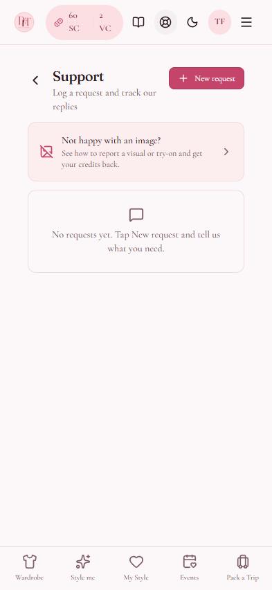 The DressForThis Support screen with a New request button and a list of your requests