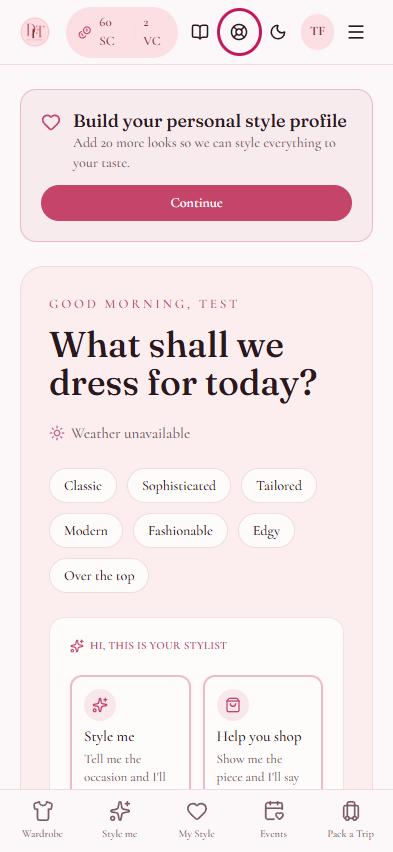 The DressForThis home screen with the lifebuoy Support icon circled in the top bar