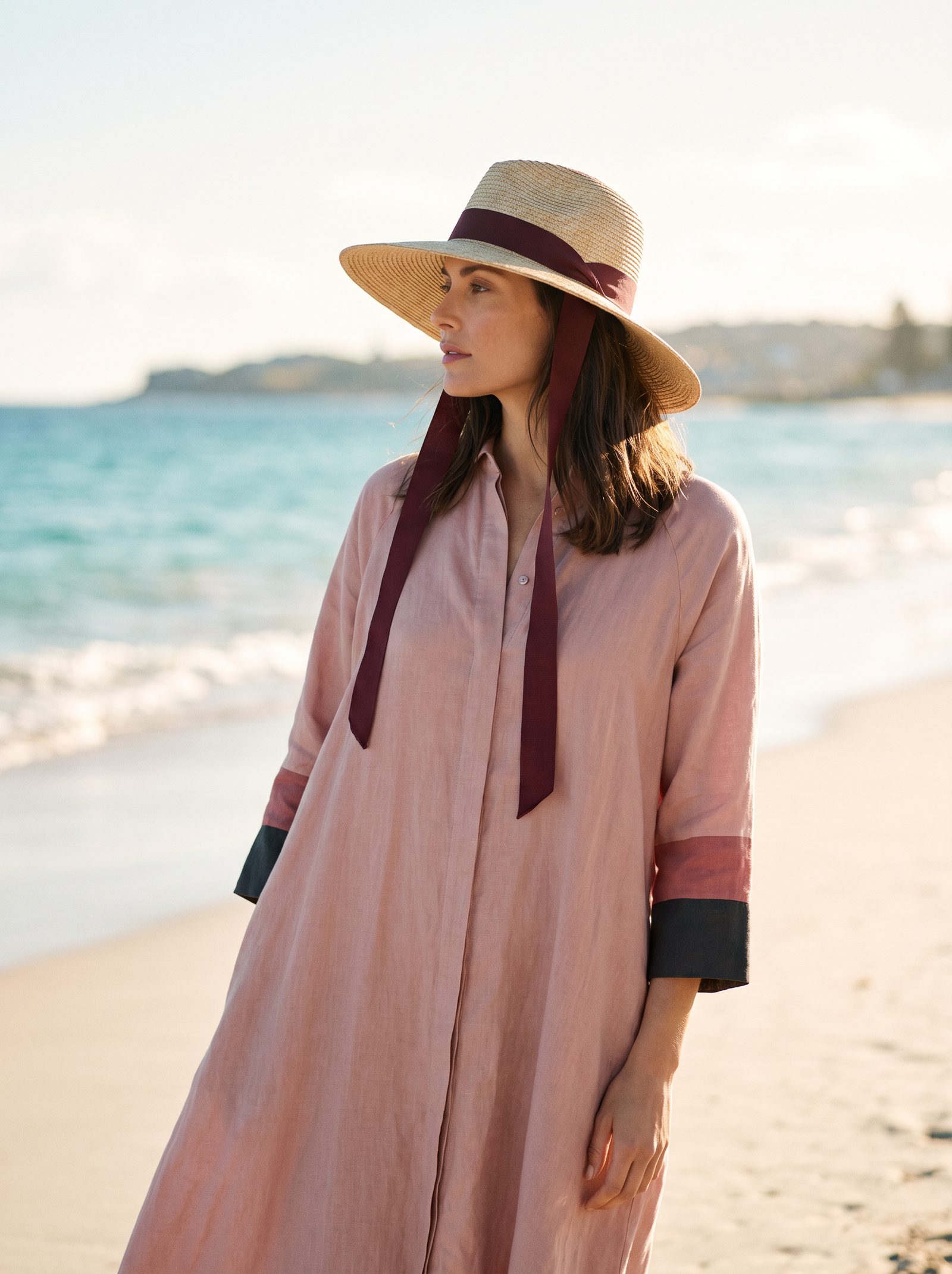 Virtual try-on: blush summer dress on a golden-hour beach