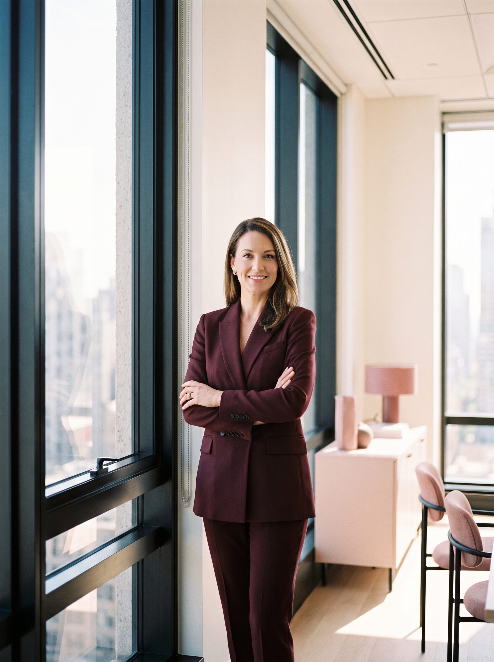 Virtual try-on: tailored maroon business suit in a modern office