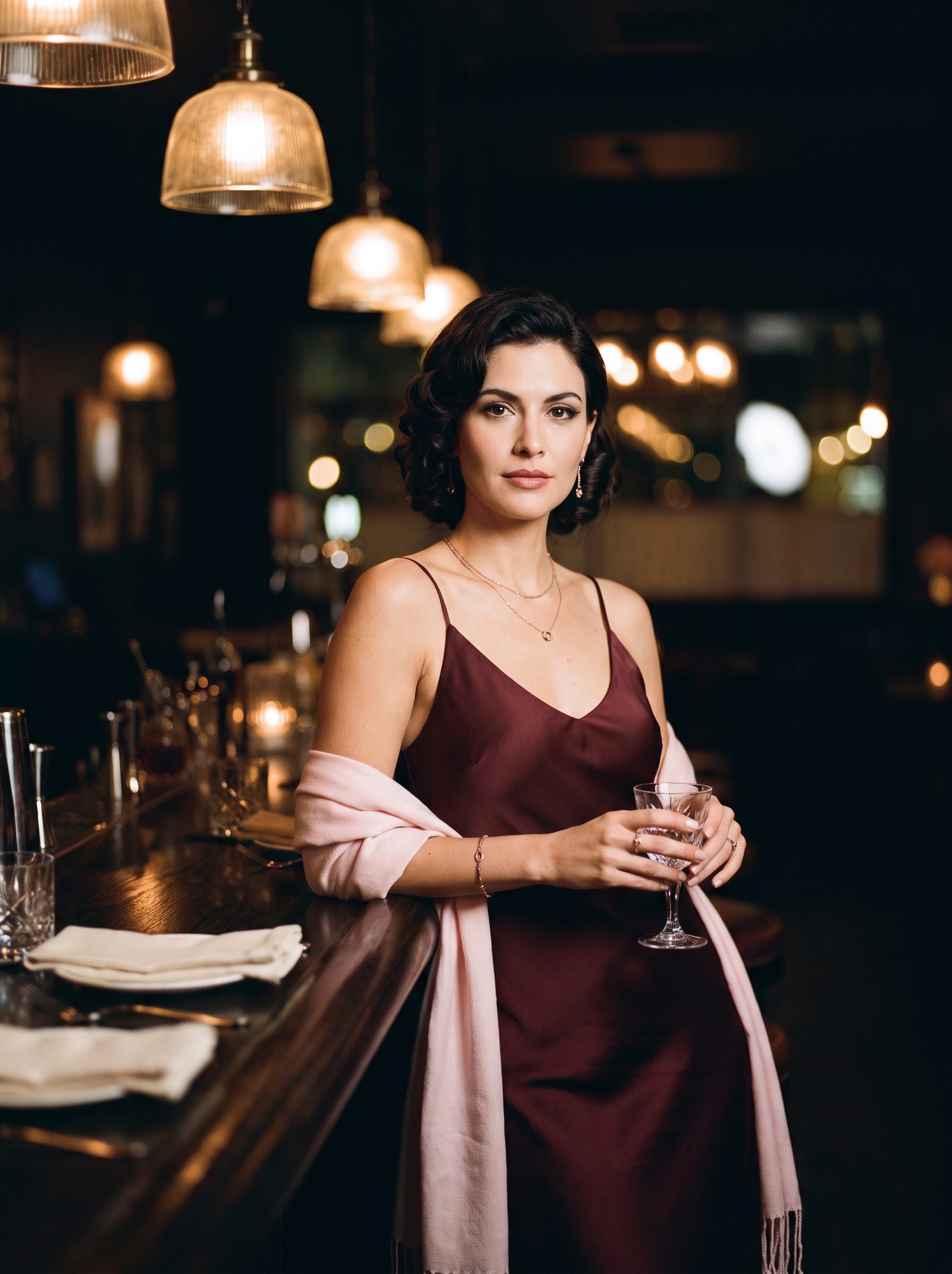 The same woman shown wearing an elegant maroon cocktail dress in an upscale bar