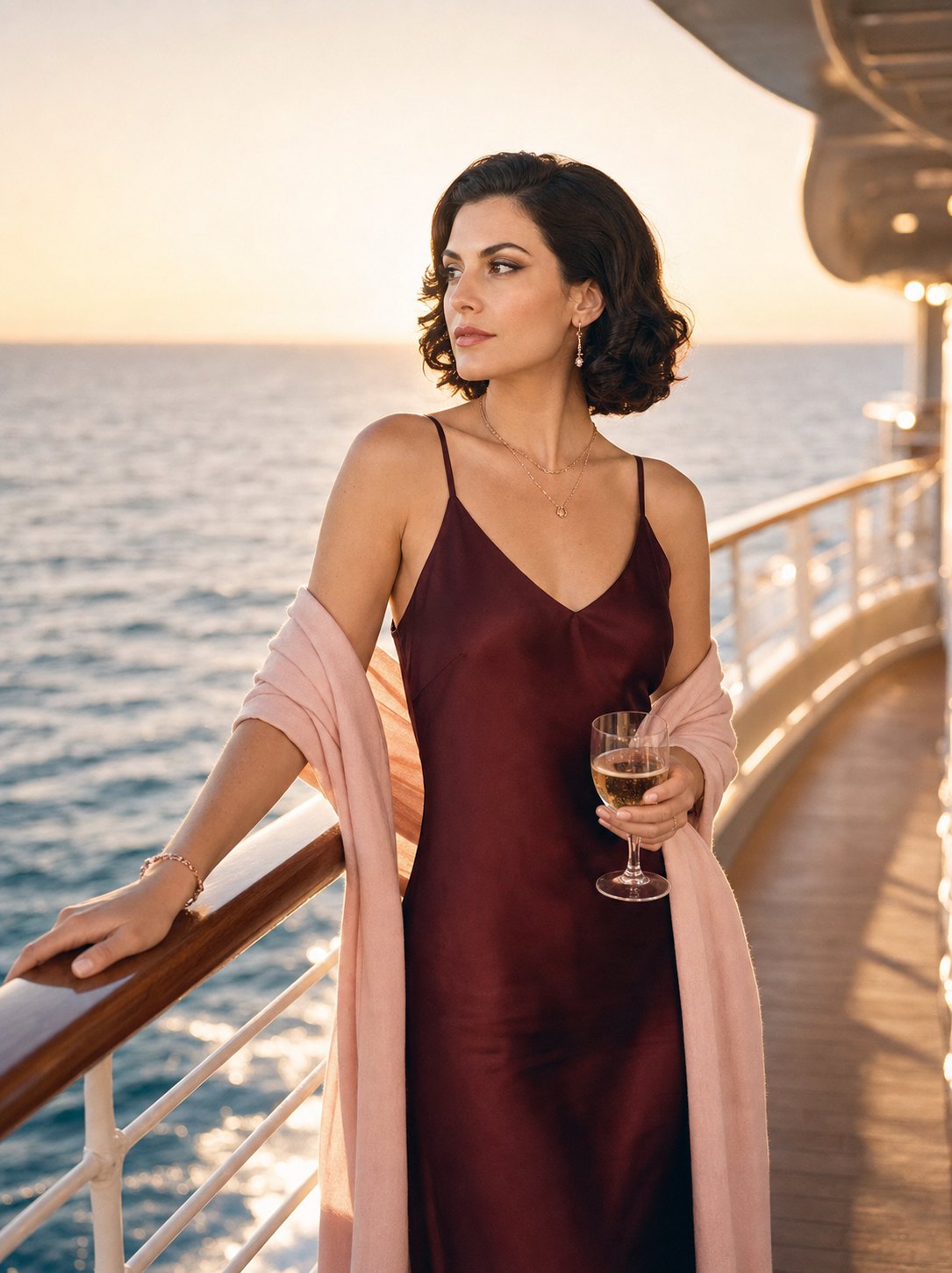 Virtual try-on: a maroon evening dress on the deck of a luxury cruise ship at golden hour