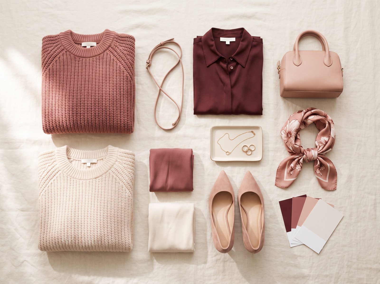 Flat-lay of a curated capsule wardrobe with knitwear, a maroon silk blouse, blush accessories and heels